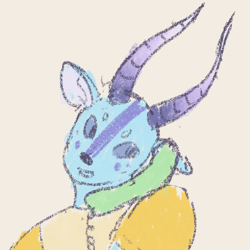 a simple drawing of asphodel, a pastel blue gazelle 
	    				anthro with purple horns, wearing a yellow shirt and holding a phone between their shoulder and chin.